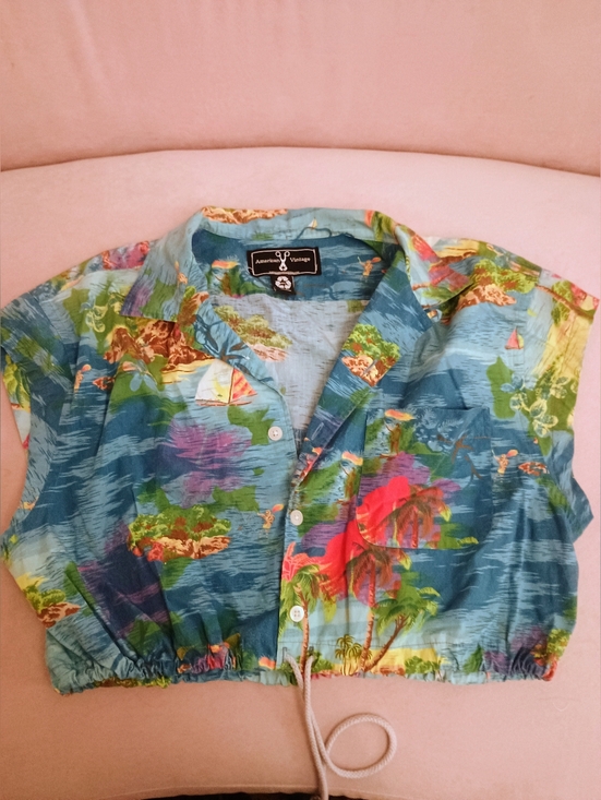 American Vintage Tops - American Vintage Blue Tropical Print Cropped Button-Up